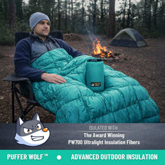 PUFFER WOLF fully lofted blanket illustrating generous size and warmth