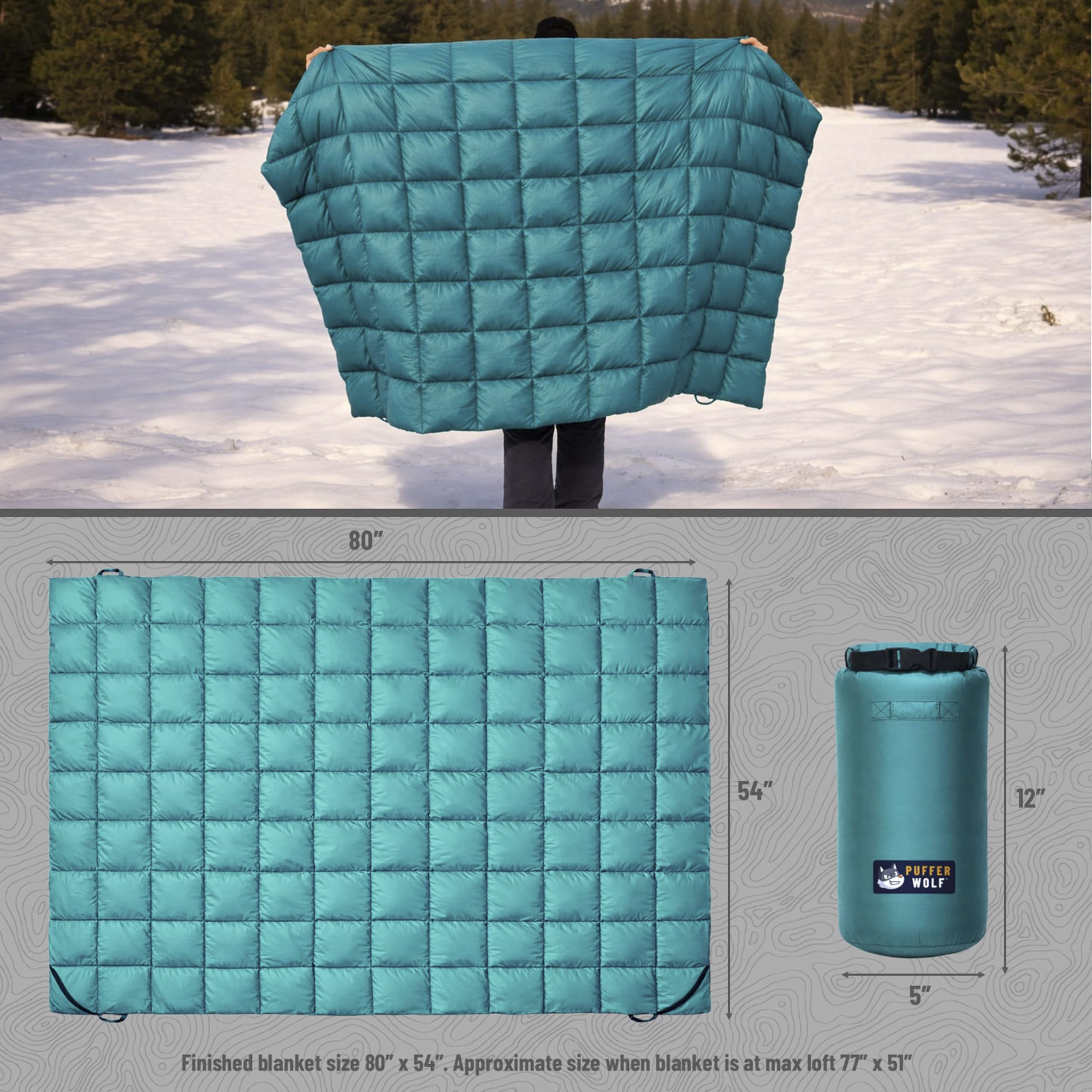 PUFFER WOLF blanket at campsite providing cozy warm outdoor comfort