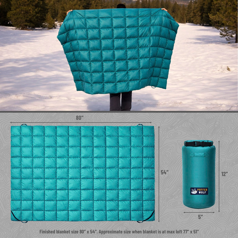 PUFFER WOLF blanket at campsite providing cozy warm outdoor comfort