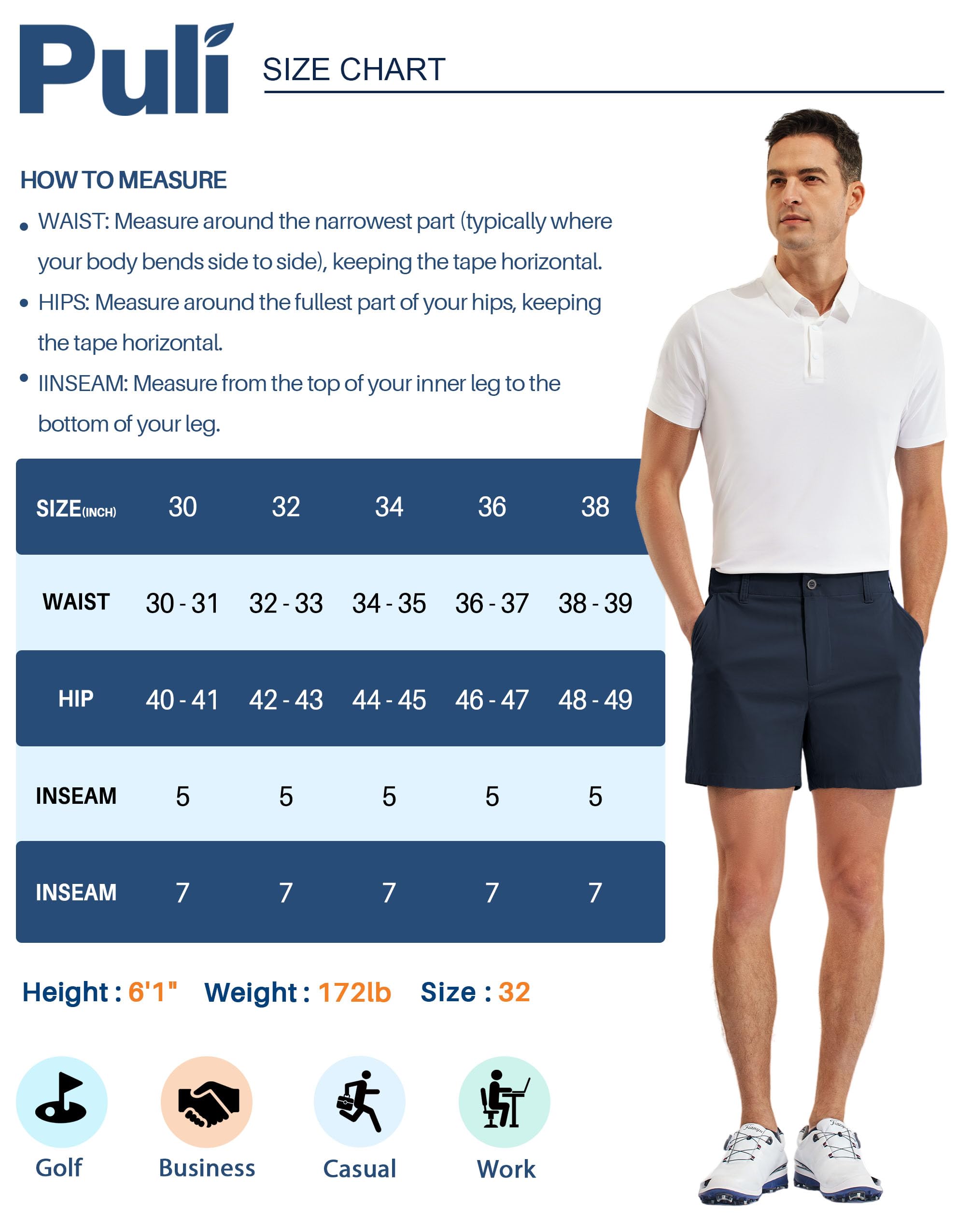 PULI shorts flat lay beside ruler showing size 36 scale and practical proportions