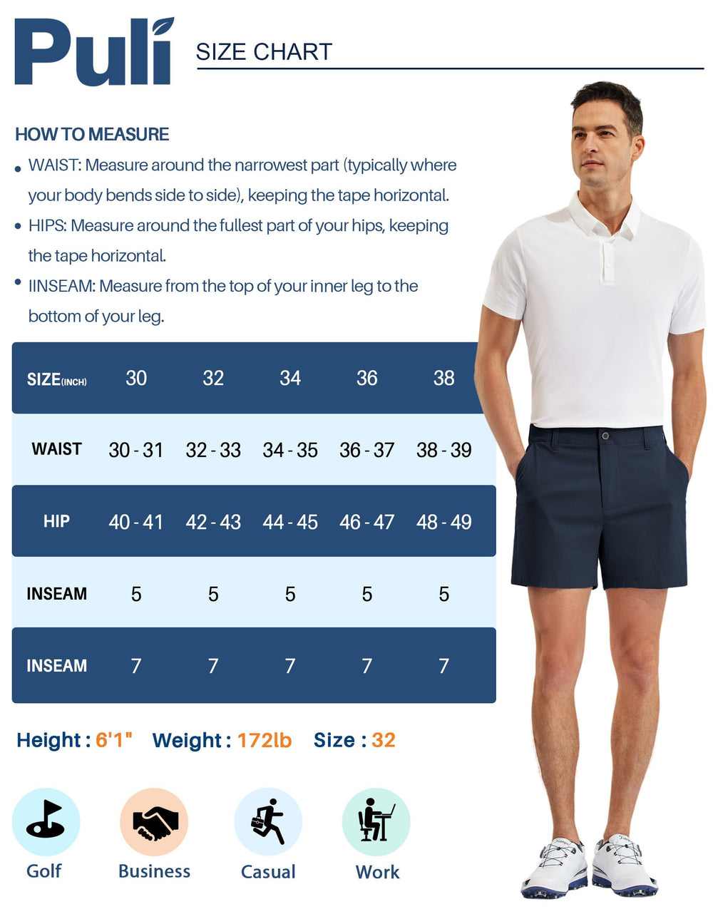 PULI shorts flat lay beside ruler showing size 36 scale and practical proportions