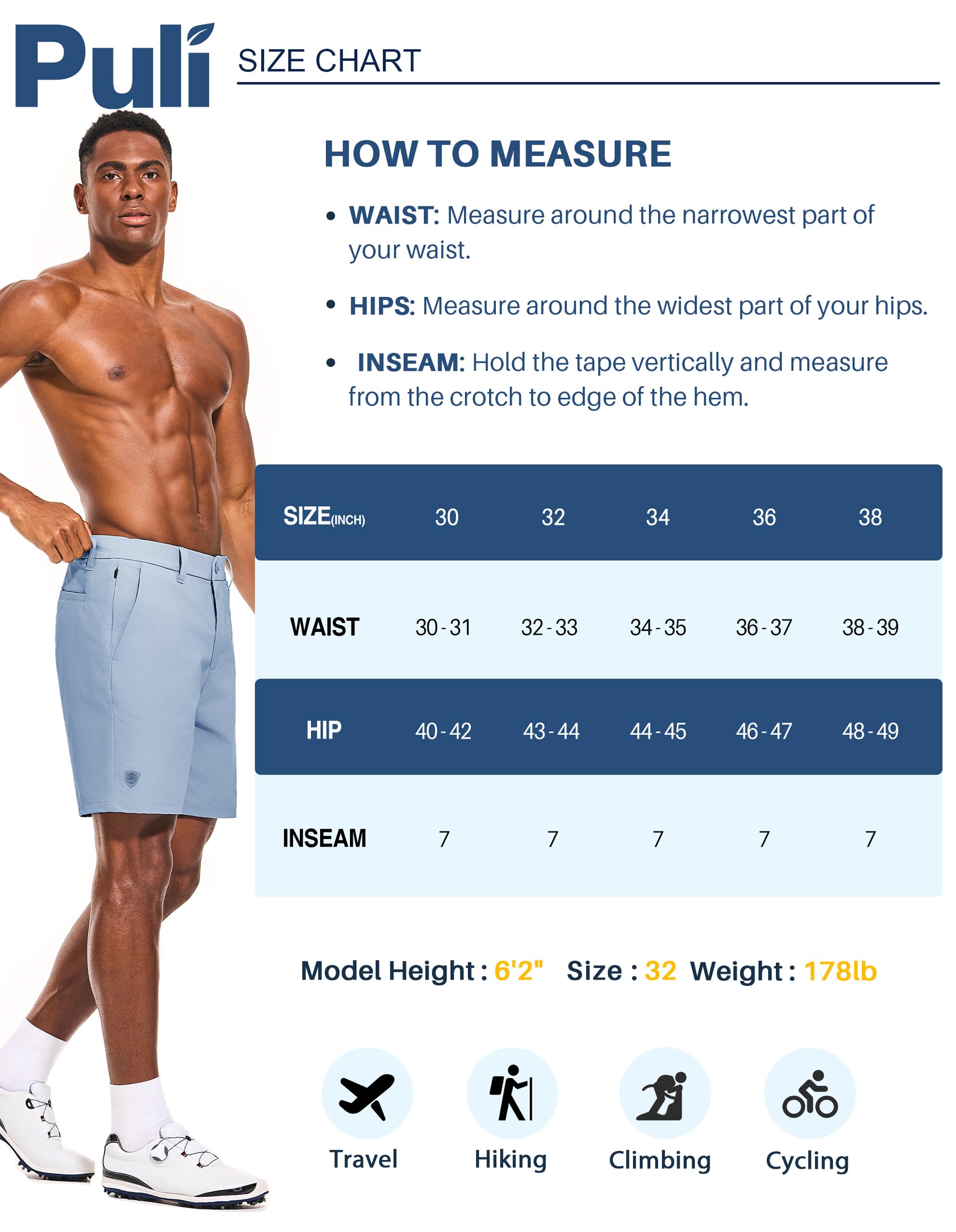 PULI shorts beside measuring tape showing accurate size 34 fit
