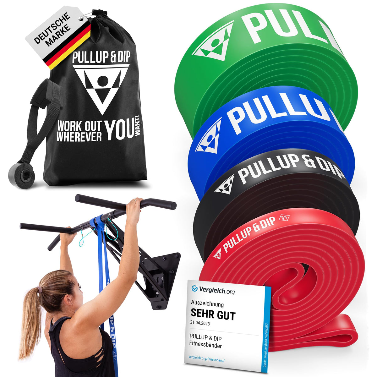 PULLUP & DIP front packaging showing band set and branding benefits portability