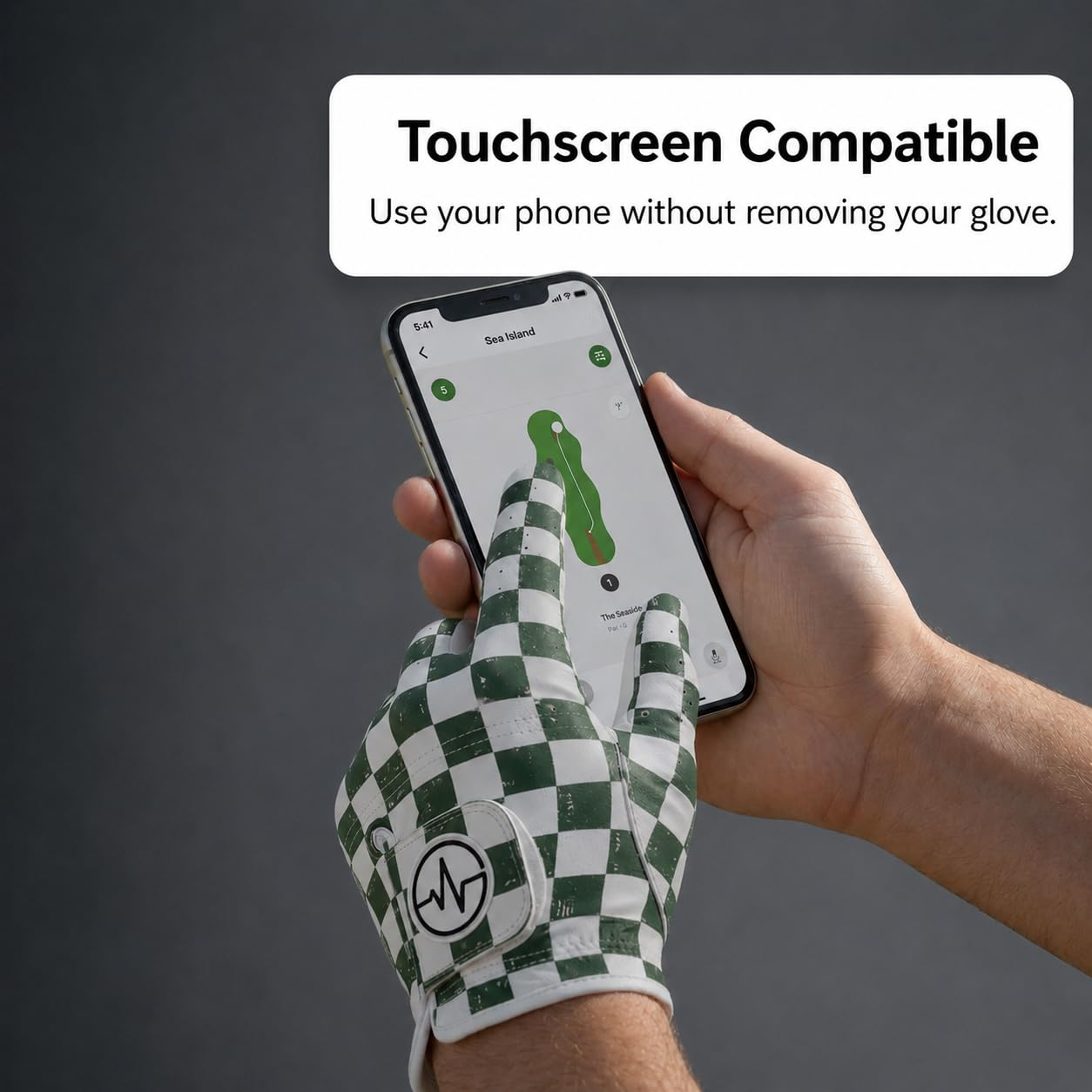 PulseGolf touchscreen thumb and index enabling phone use without removal