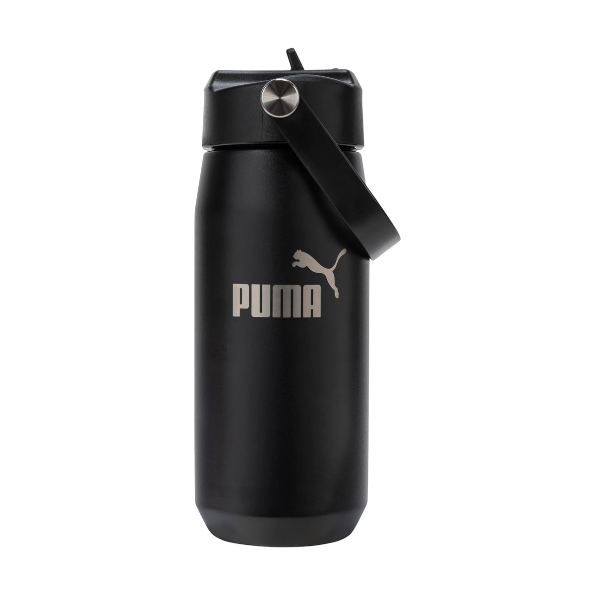 PUMA 18oz bottle front view showing black finish and logo for sleek hydration