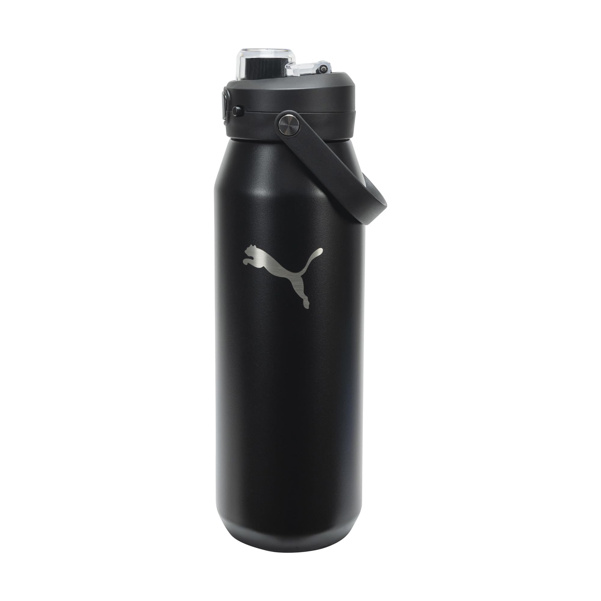 PUMA bottle front view showing black finish and logo, durable daily hydration