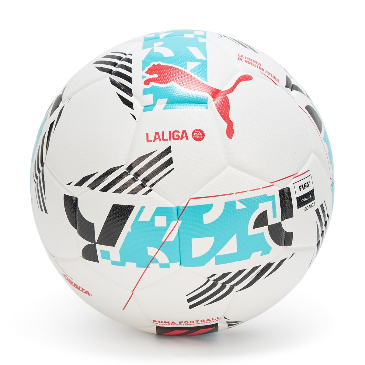 PUMA Orbita LaLiga front view showing panel graphics and match-ready design benefit: clear identification for players