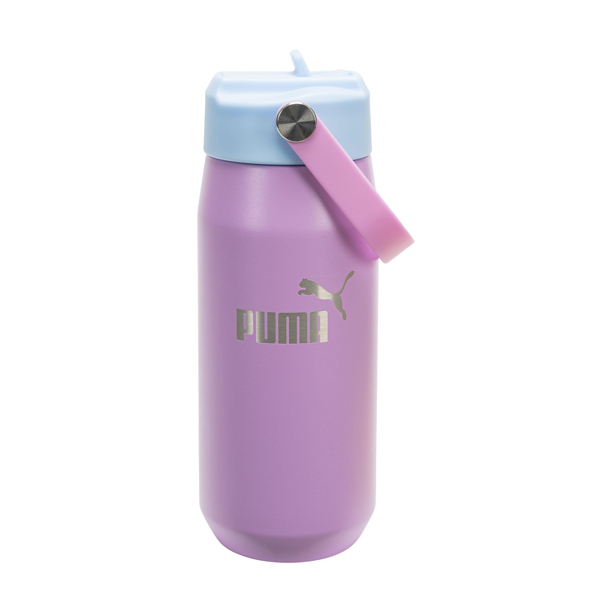 PUMA bottle front view showing mauve and vibrant blue colors and easy carry benefit