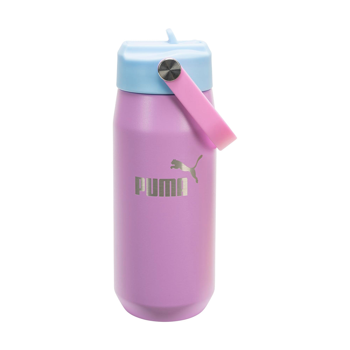 PUMA bottle front view showing mauve and vibrant blue colors and easy carry benefit