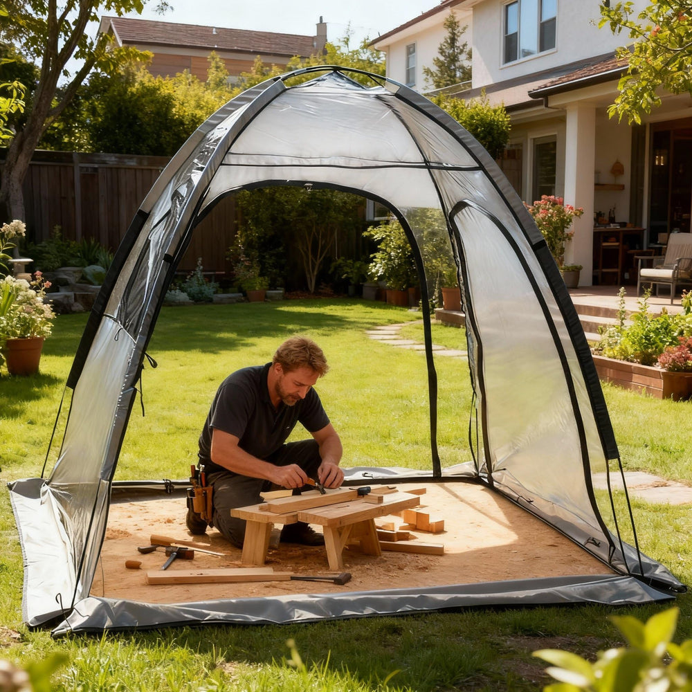 Pumbba shelter on patio for sunbathing and light-rain protection