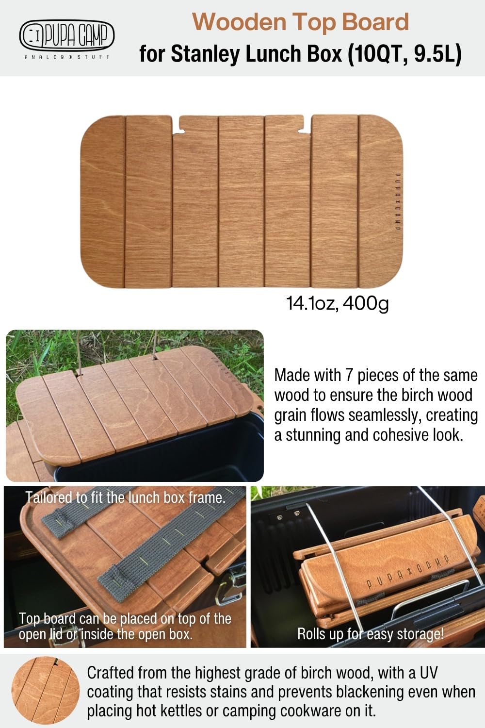 PUPACAMP birch wood close-up highlighting grain and durable UV-coated finish benefit