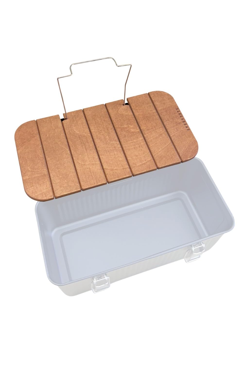 PUPACAMP wooden insert front view showing fit inside Stanley lunch box and neat organization