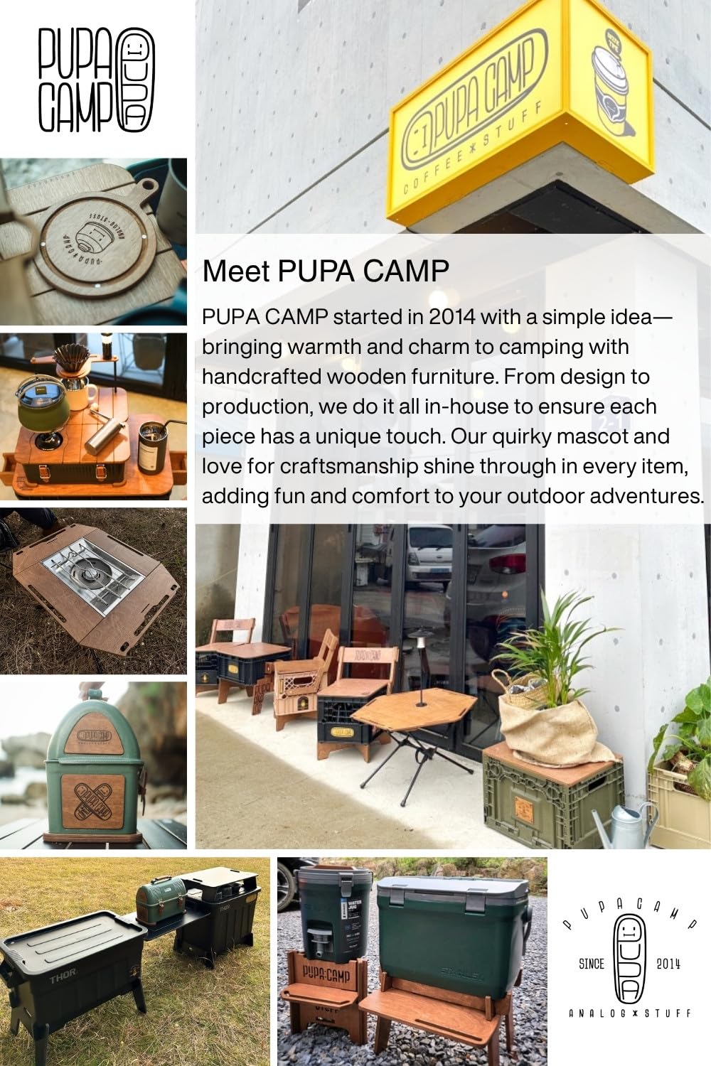 PUPACAMP wooden table staged at camp breakfast showing tidy serving and prep convenience