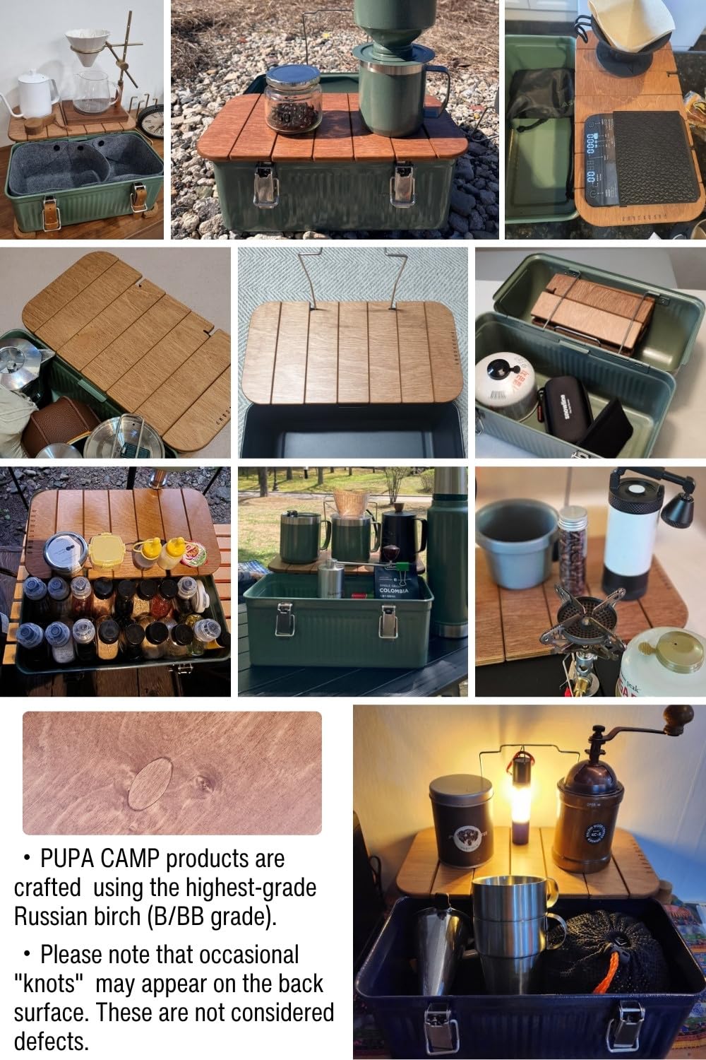 PUPACAMP wooden tabletop holding kettle illustrating stable heat-resistant camping surface