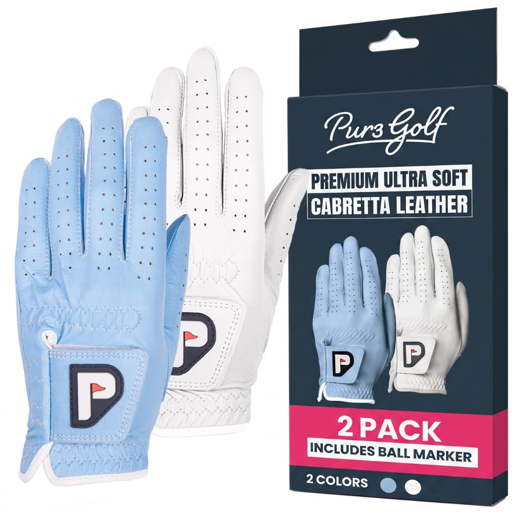 PUR3 Golf front-packaging showing two-glove 2-pack and bonus ball marker benefit