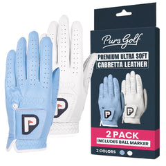 PUR3 Golf front-packaging showing two-glove 2-pack and bonus ball marker benefit