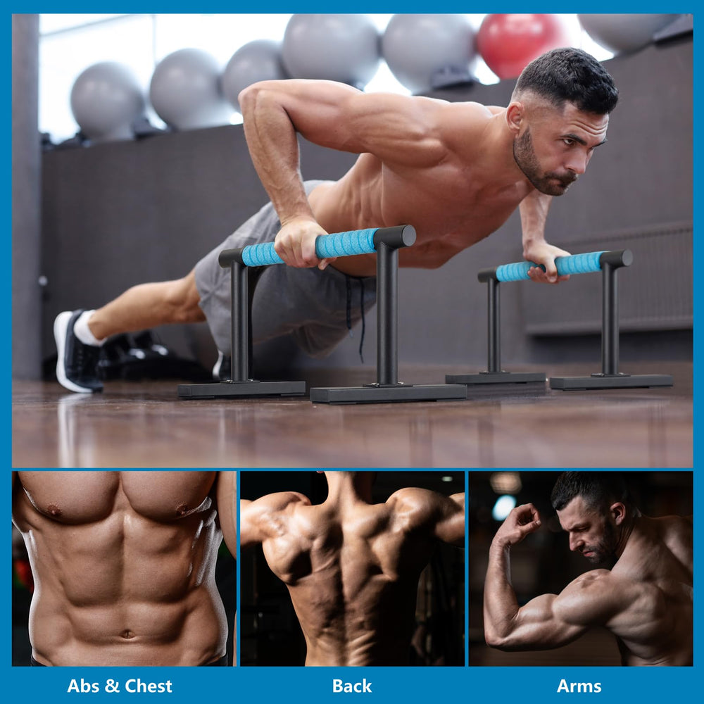 Purife parallettes in use for push-ups demonstrating improved range of motion