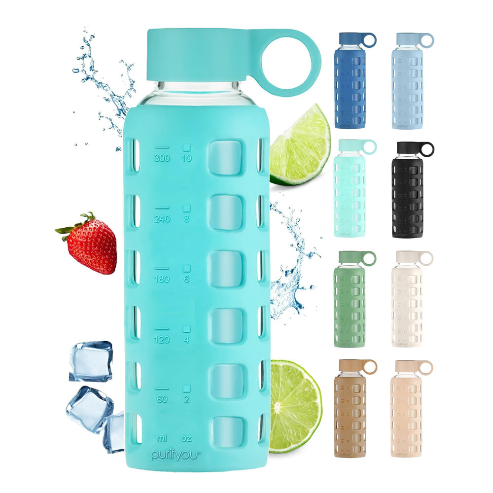 purifyou glass bottle front view showing full design and hydration markers for easy tracking