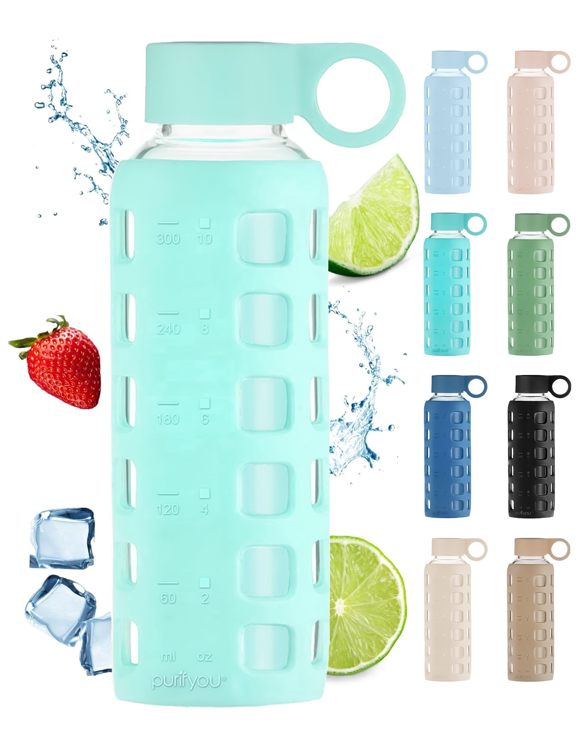 purifyou front view 32oz bottle showing clear markings and sleek sleeve for easy tracking