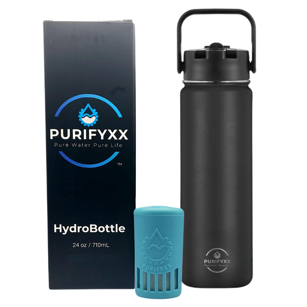 PURIFYXX bottle front view showing sleek black finish and logo for durable style