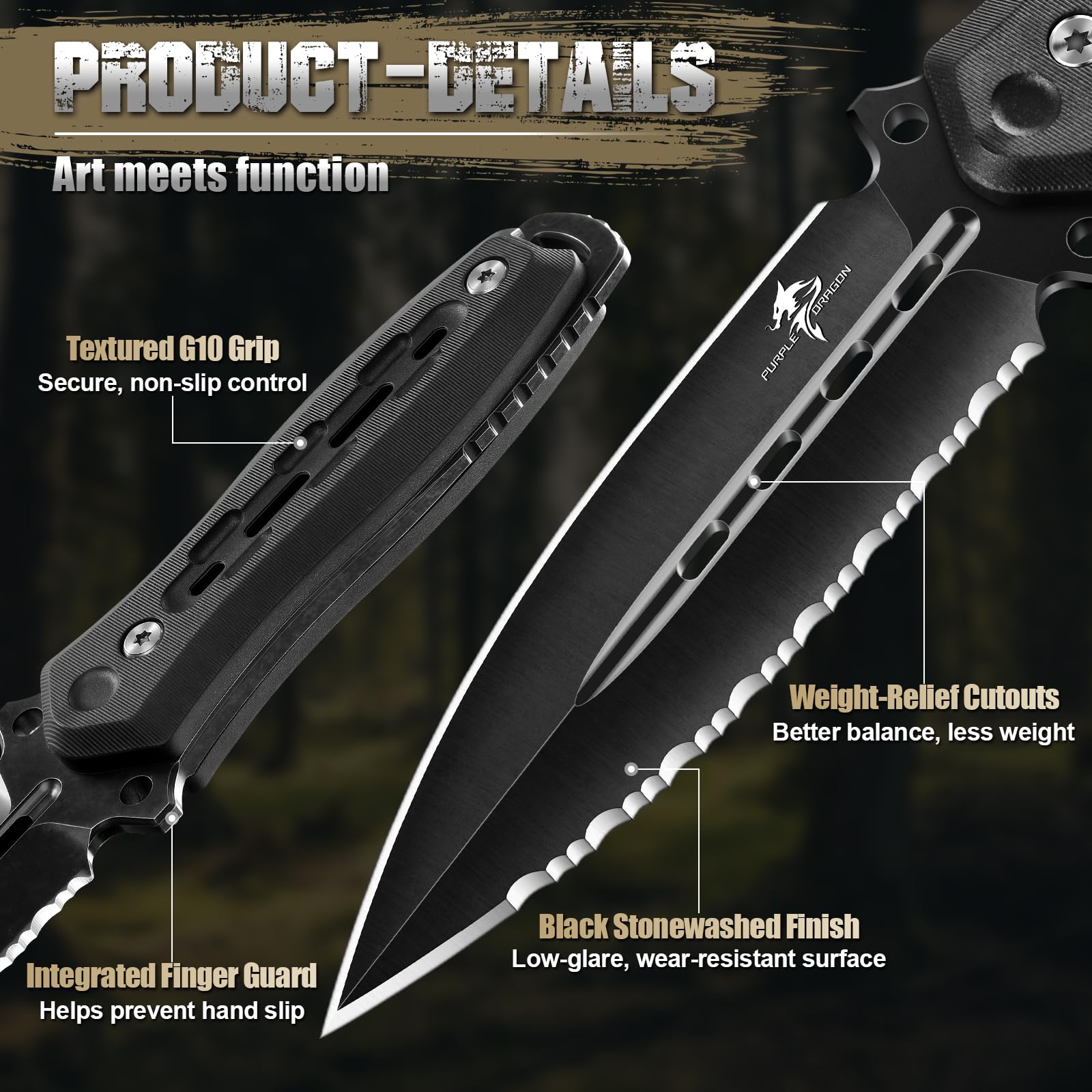 Purple Dragon textured G10 handle detail for secure non-slip grip benefit