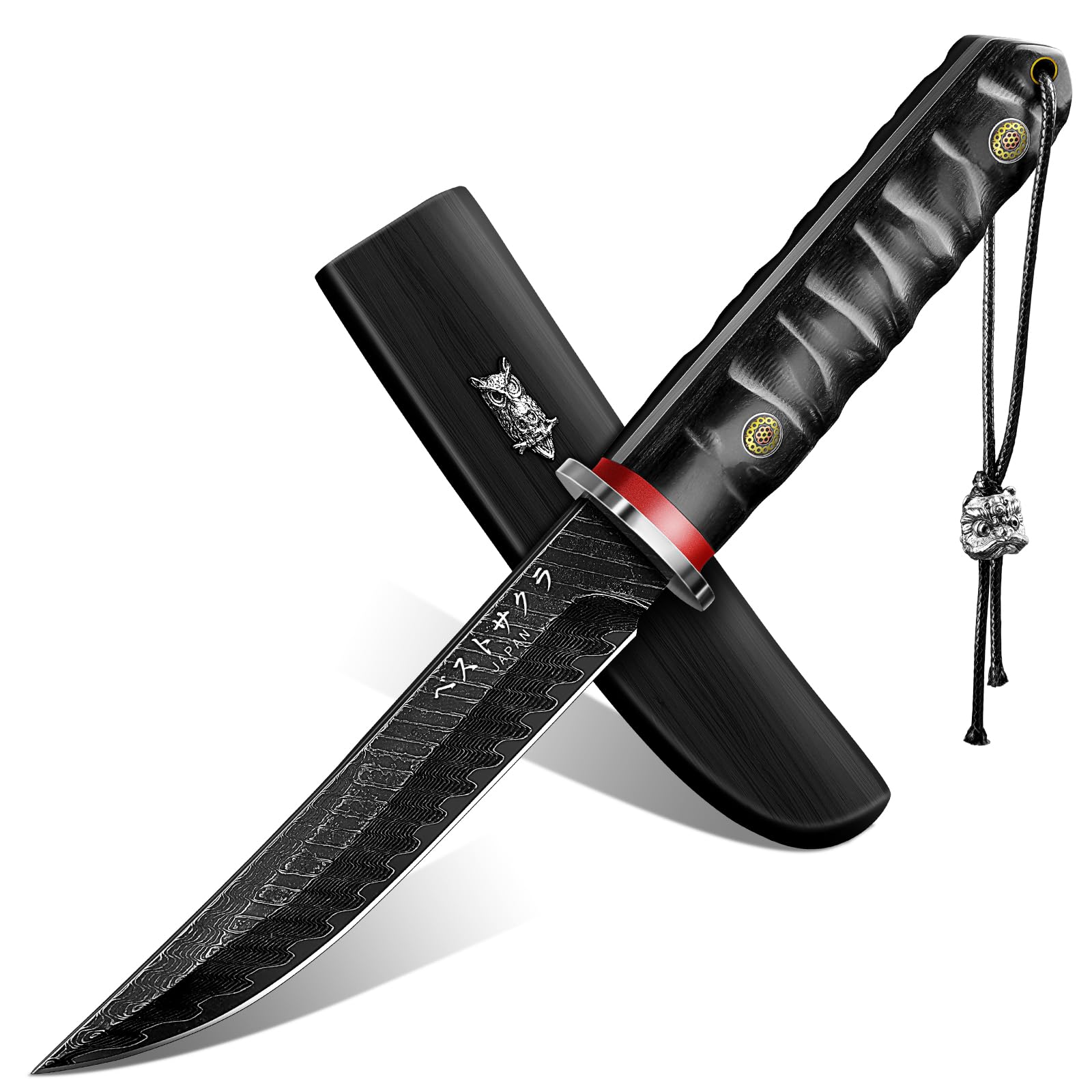 PURPLEBIRD front view of tanto knife showing profile and sheath, clear visual appeal