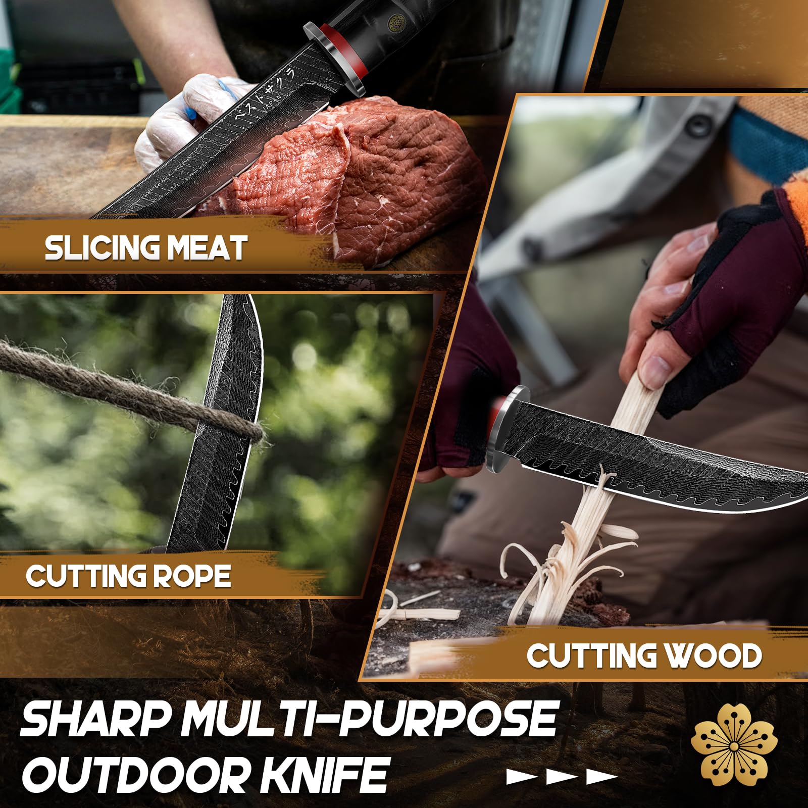 PURPLEBIRD knife in use cutting wood outdoors showing practical performance