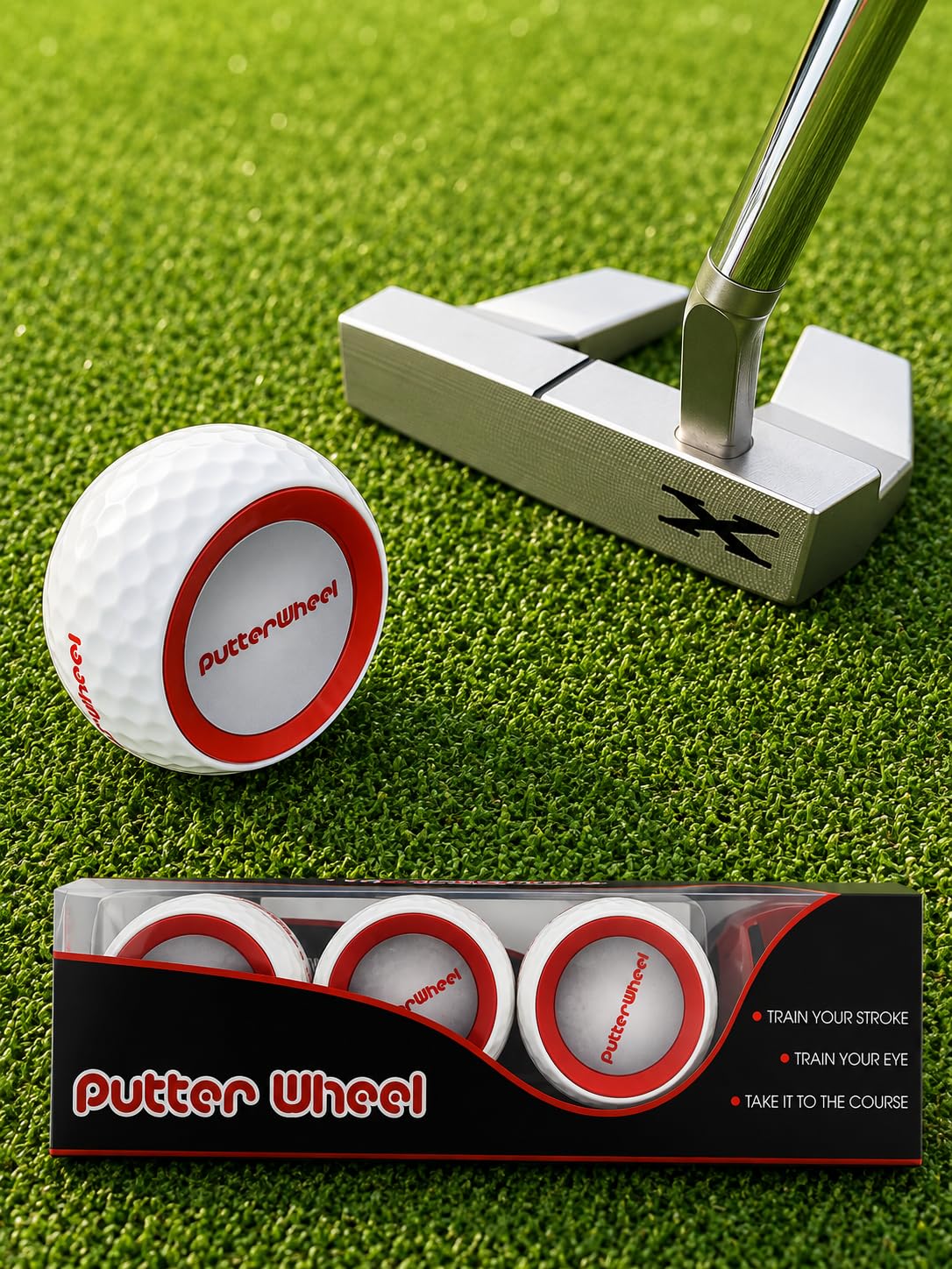 PUTTERWHEEL front view showing kit contents for instant practice feedback