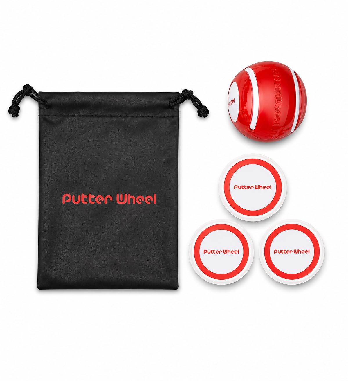 PUTTERWHEEL beside a standard golf ball demonstrating matching size