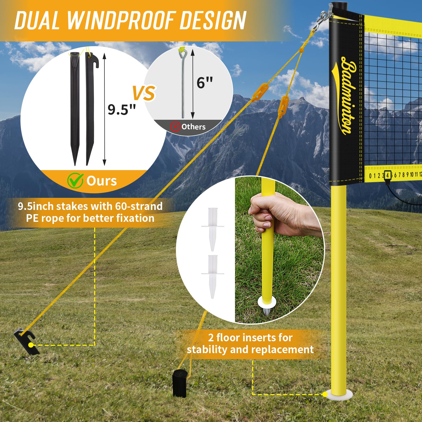 PUULIVEE anchoring stakes and 60-strand ropes showing windproof stability