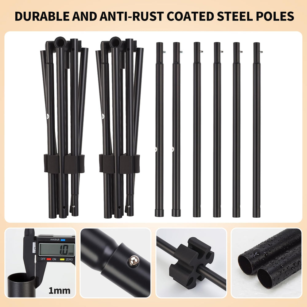 PUULIVEE steel pole connection detail displaying snap-button assembly for quick setup