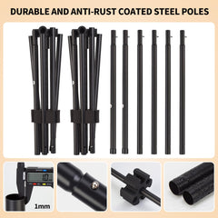PUULIVEE steel pole connection detail displaying snap-button assembly for quick setup