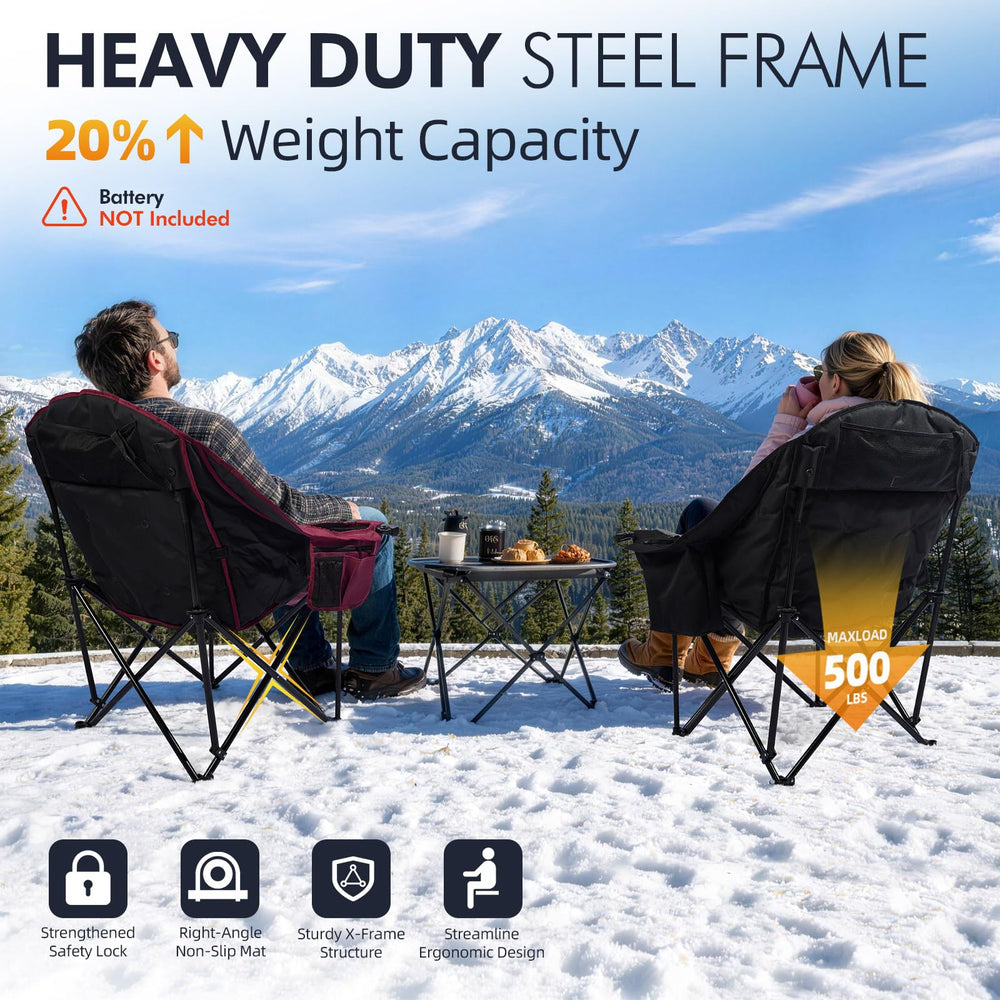 PUVASIA person using heated chair at a campsite showing fast warmth and comfort