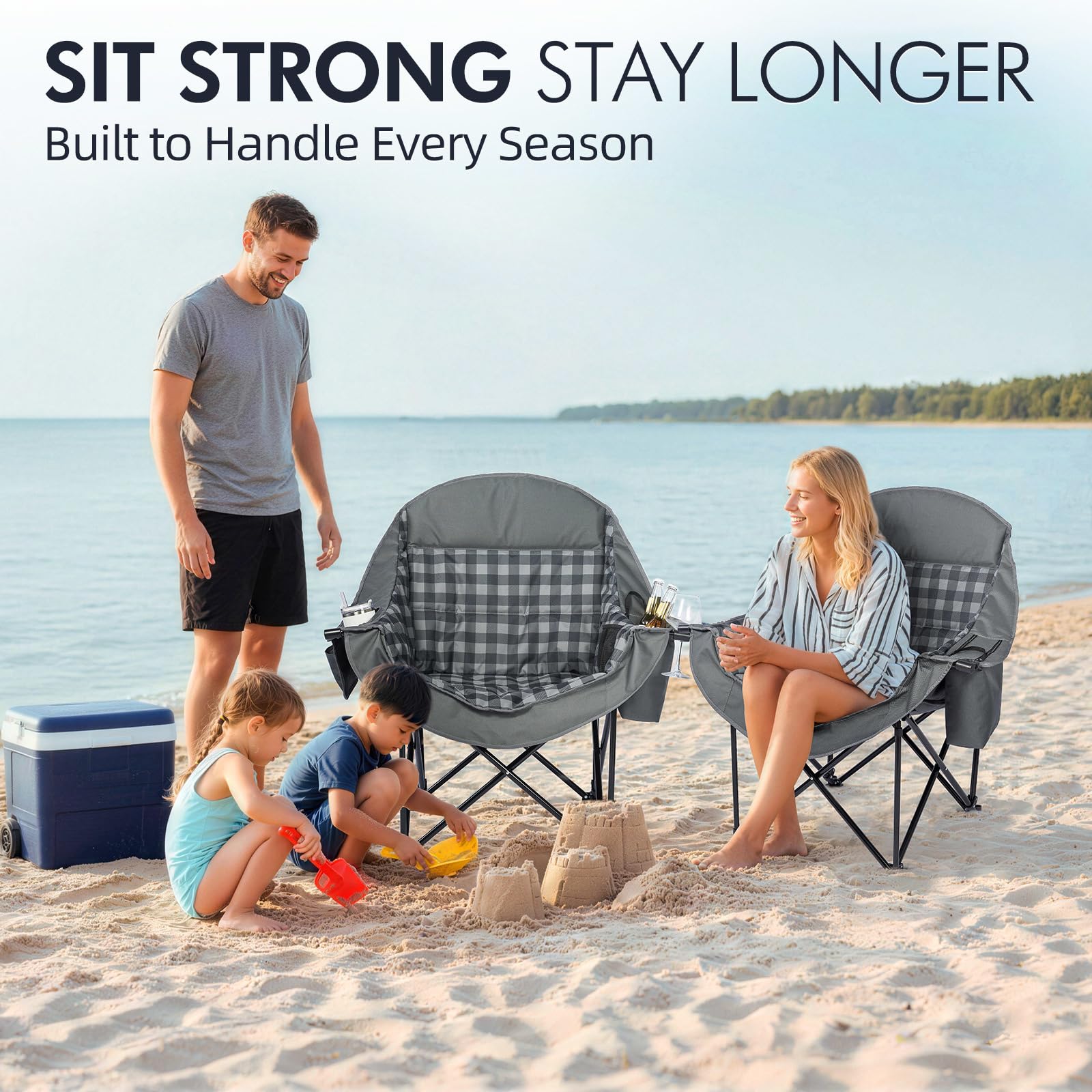 PUVASIA chair beside seated adult showing scale and generous dimensions