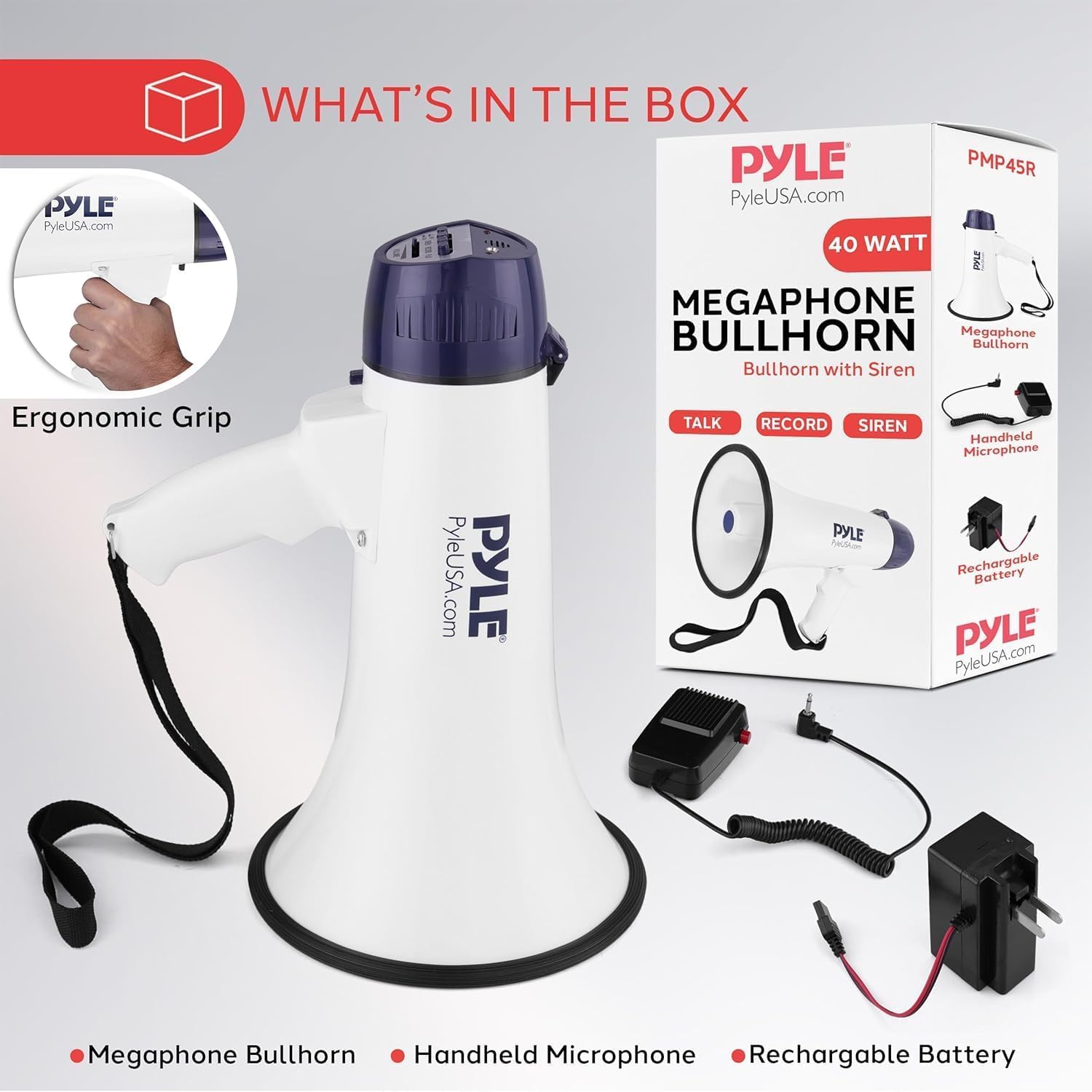 Pyle bullhorn beside D batteries showing alternate power option and portability