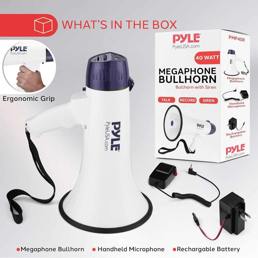 Pyle bullhorn beside D batteries showing alternate power option and portability
