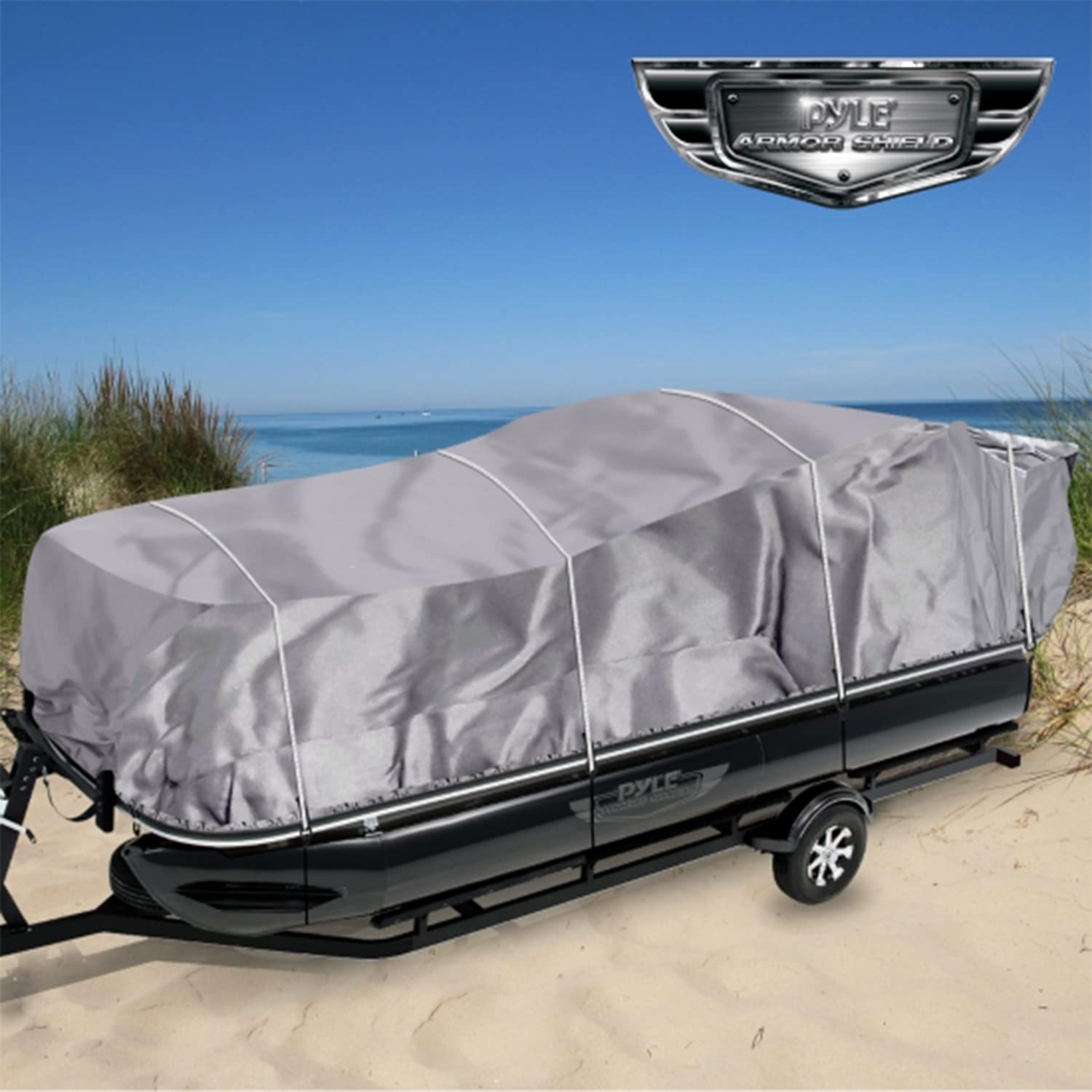 Pyle-covered pontoon lakeside showing protection while stored outdoors