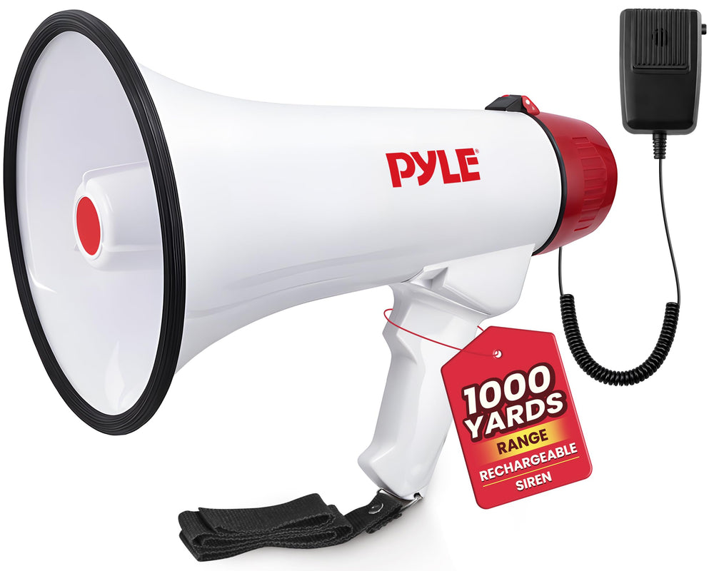 Pyle megaphone front view showing horn and ergonomic grip for clear projection