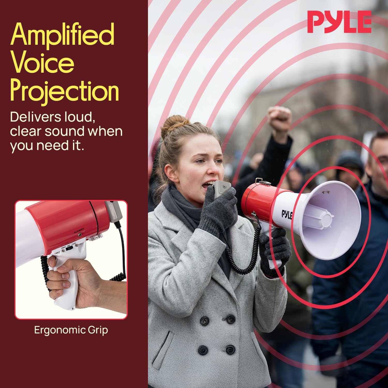 Pyle megaphone in hand to show scale and lightweight portability