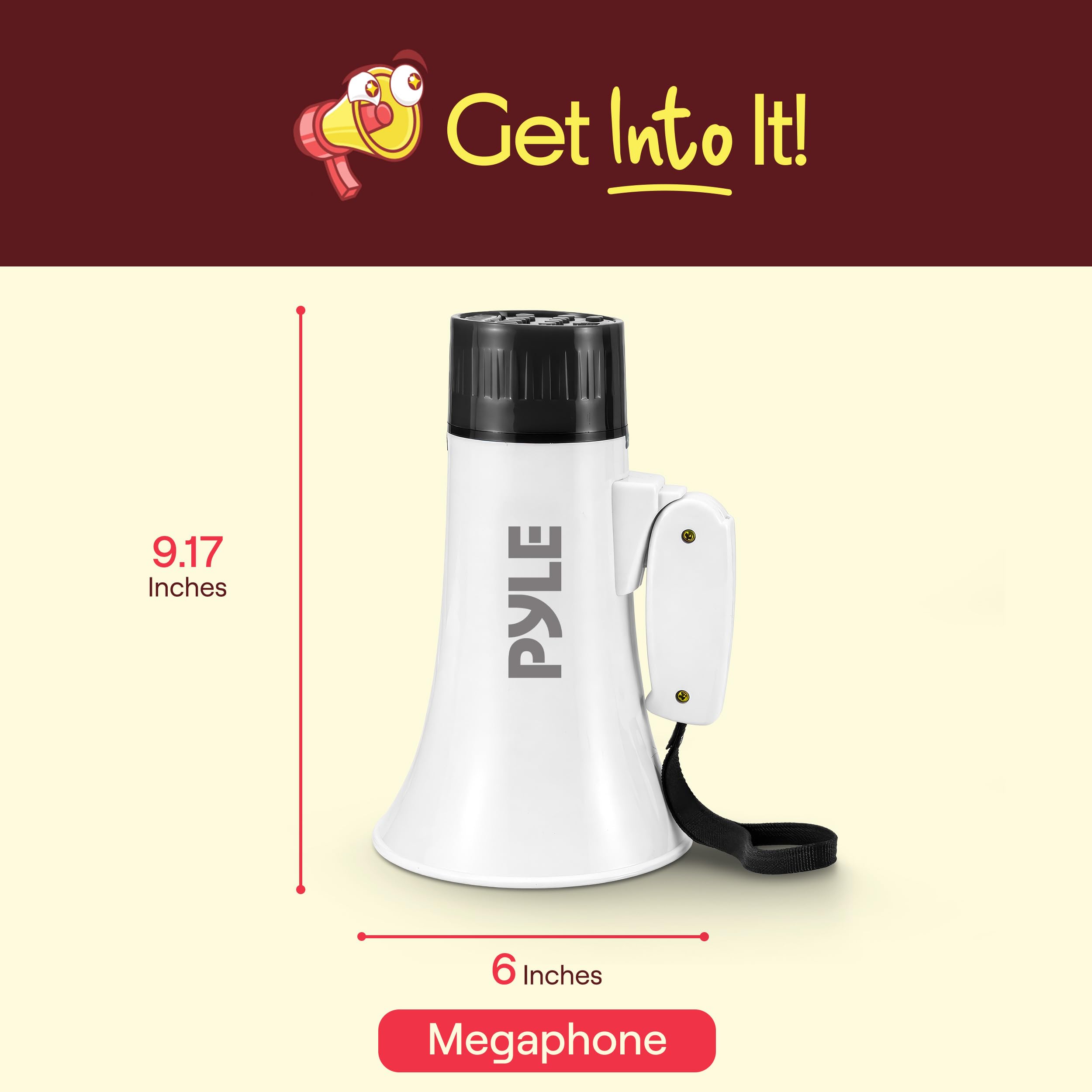Pyle megaphone size comparison with hand illustrating lightweight, portable design