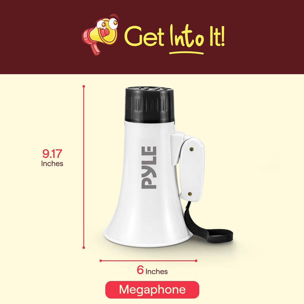 Pyle megaphone size comparison with hand illustrating lightweight, portable design
