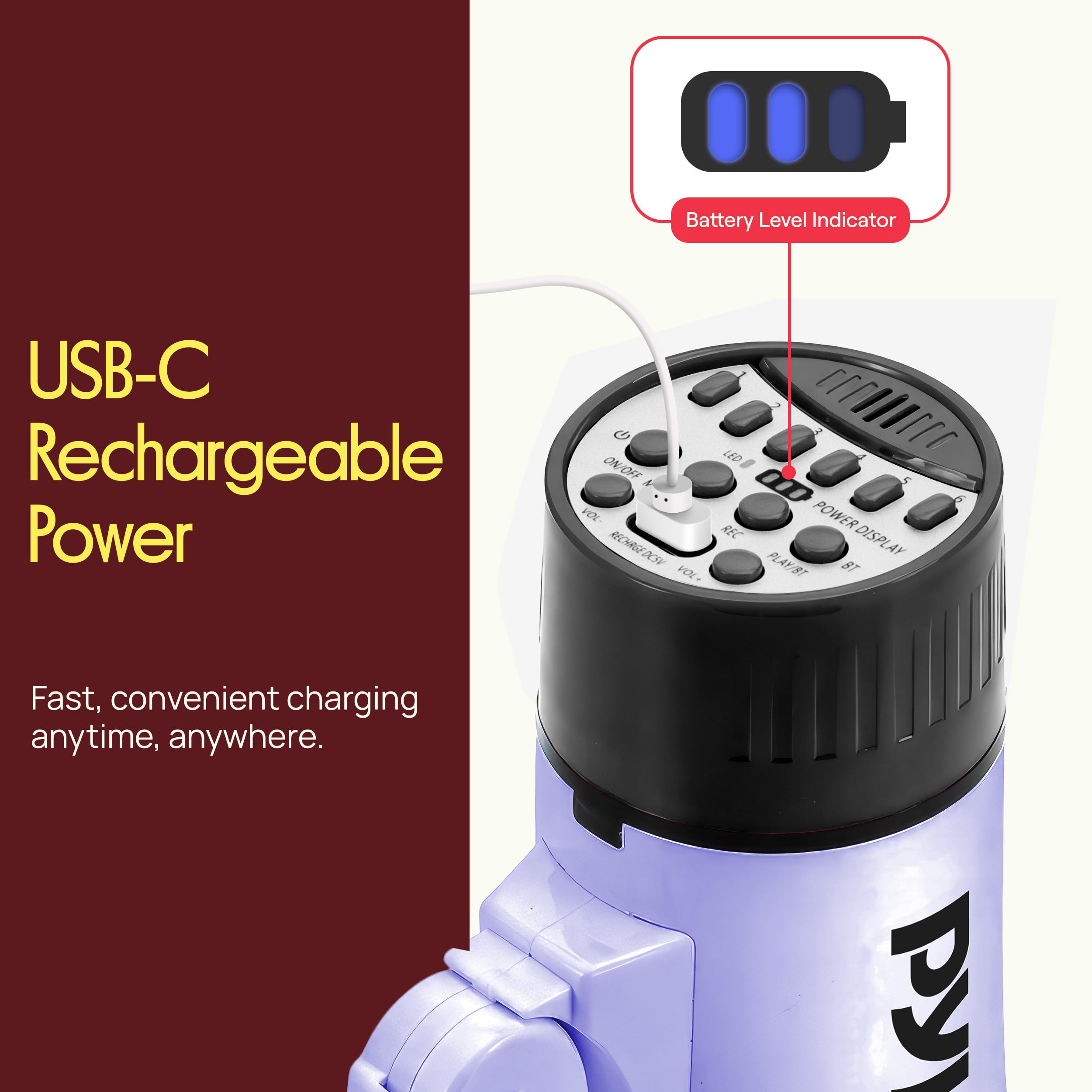 Pyle megaphone USB-C charging port with power display for fast recharge benefit