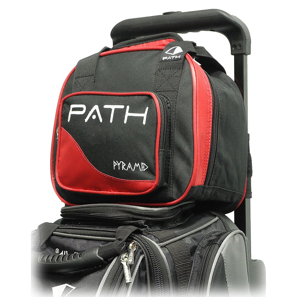 Pyramid Path Plus attached to roller-bag telescoping handle for hands-free transport