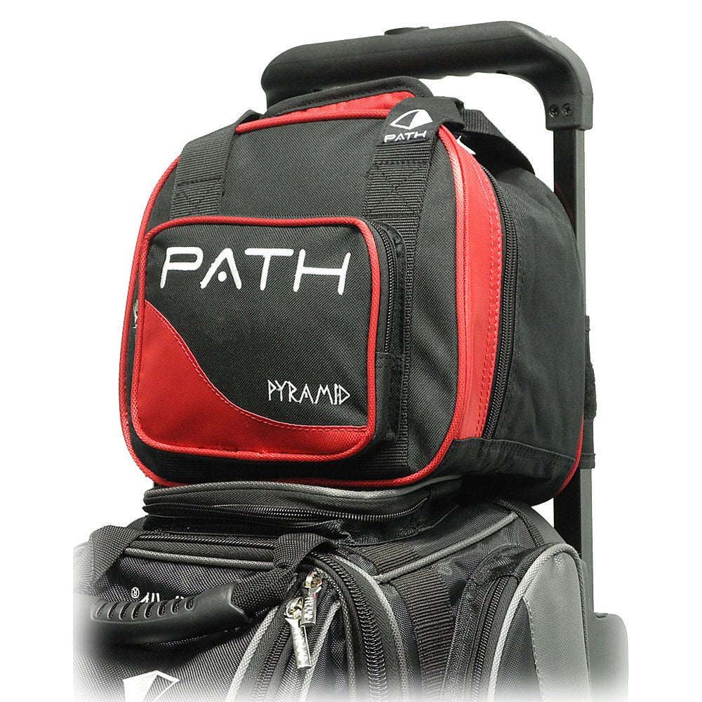 Pyramid Path Plus attached to roller-bag telescoping handle for hands-free transport