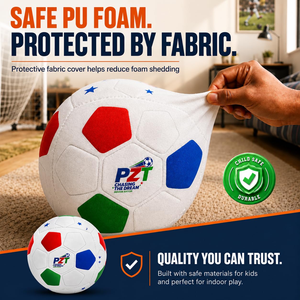 PZT ball being dribbled by child showing safe indoor training use