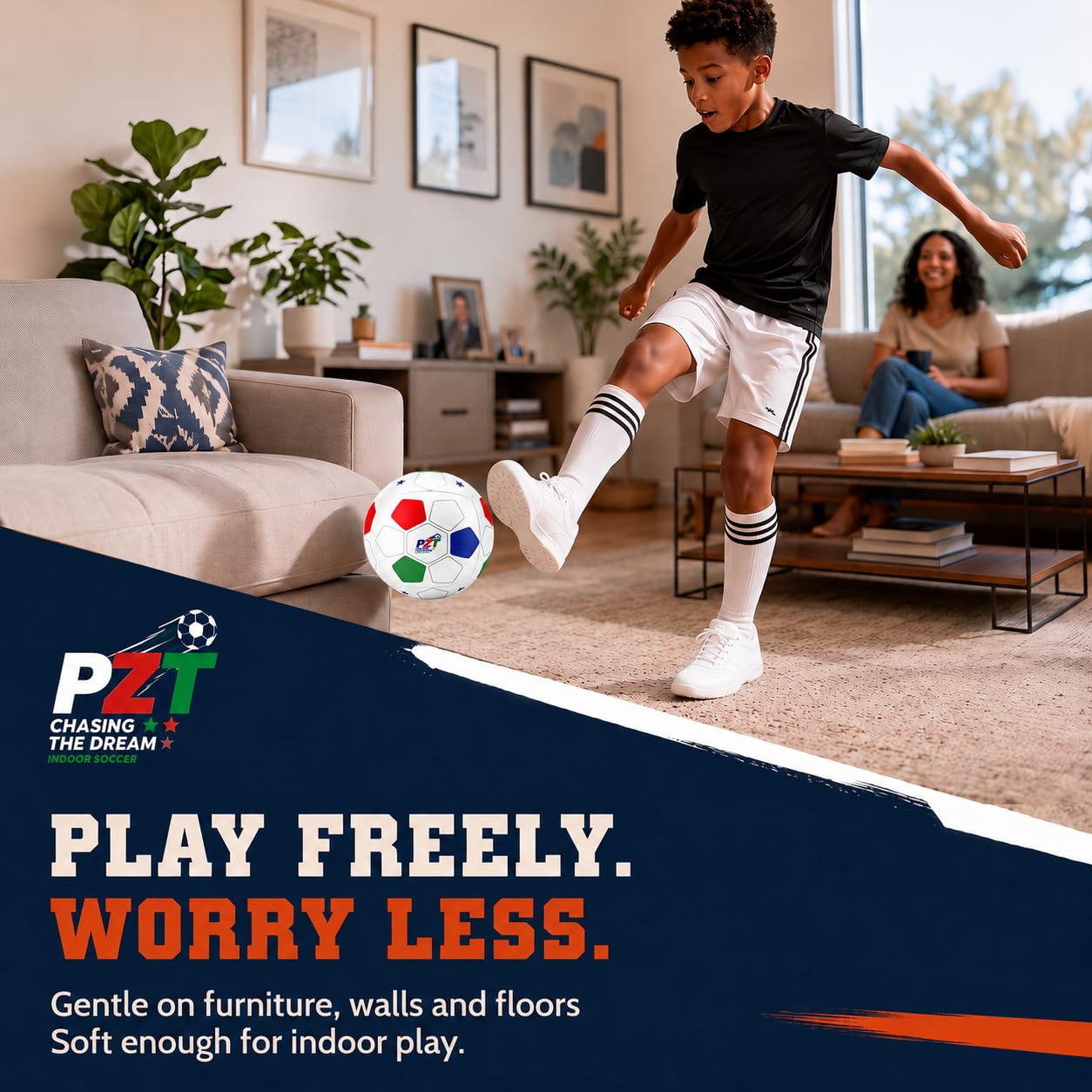 PZT ball rolling on wood floor illustrating quiet indoor play benefit