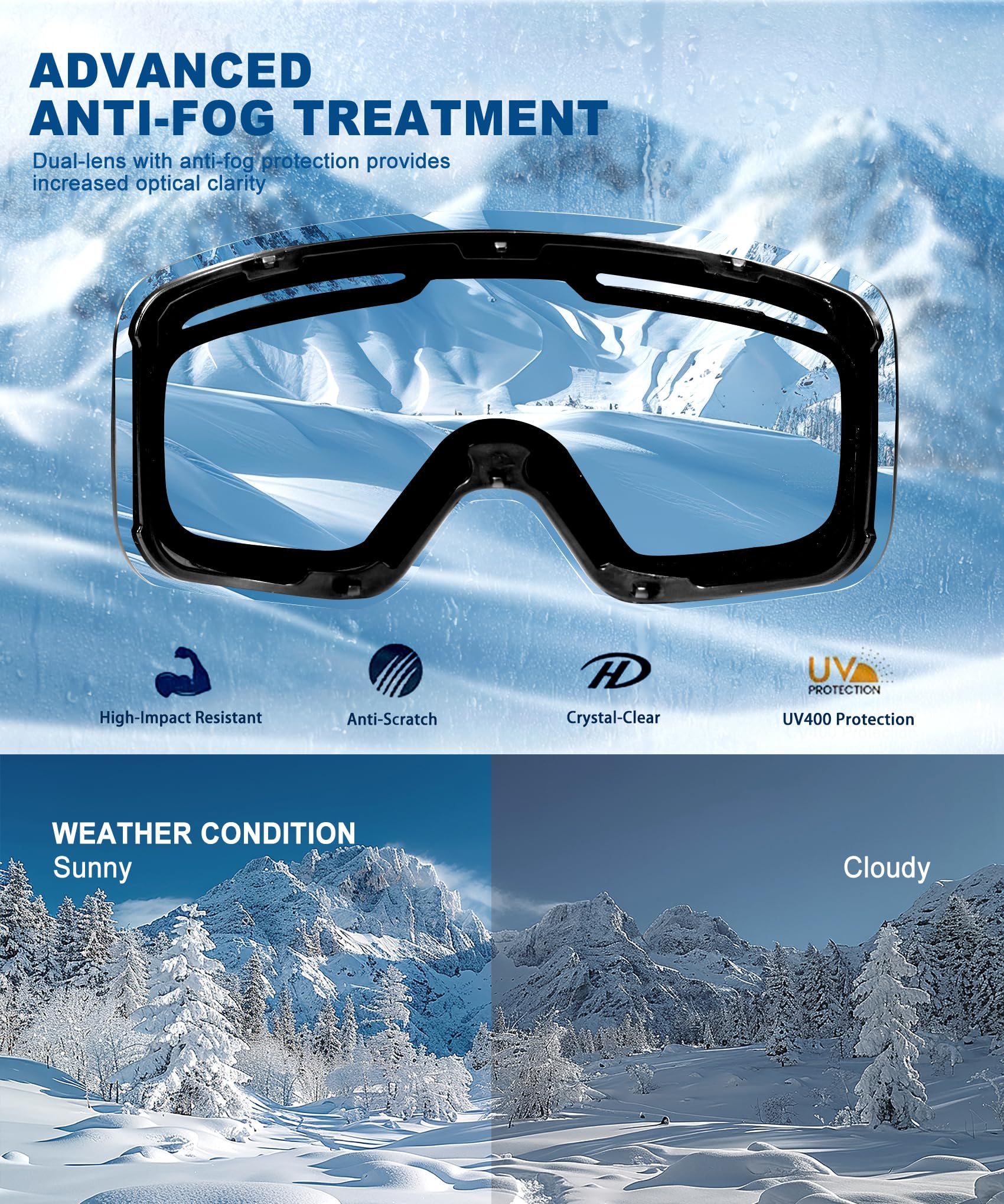 QALLY goggles worn by snowboarder on mountain showing all-day protection