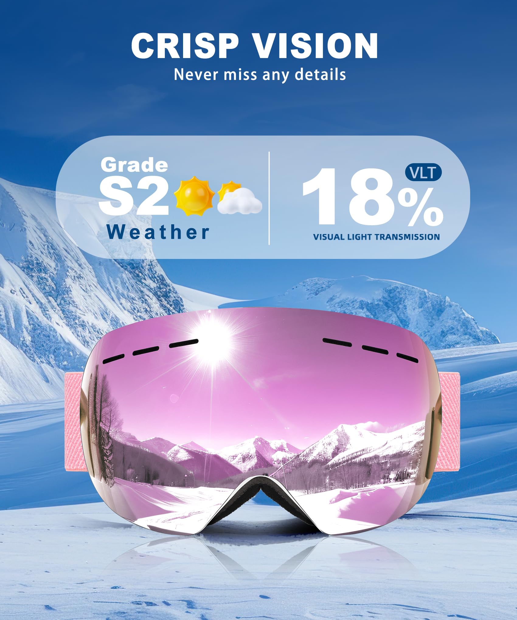 QALLY lifestyle shot skier wearing goggles illustrating clear vision on slopes