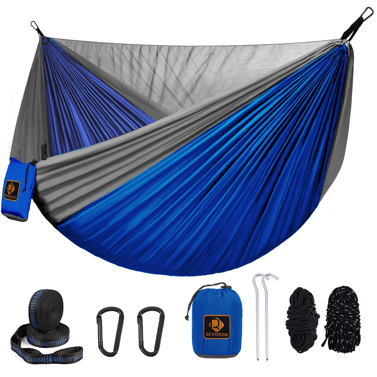 Qevooon hammock front view showing blue-grey fabric and mosquito protection benefit