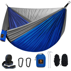 Qevooon hammock front view showing blue-grey fabric and mosquito protection benefit